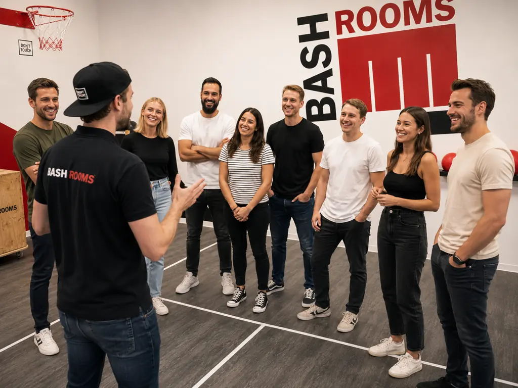 Ein Moderator im BASH-ROOMS-Polo erklärt einer Gruppe von acht Gästen im Halbkreis den Ablauf