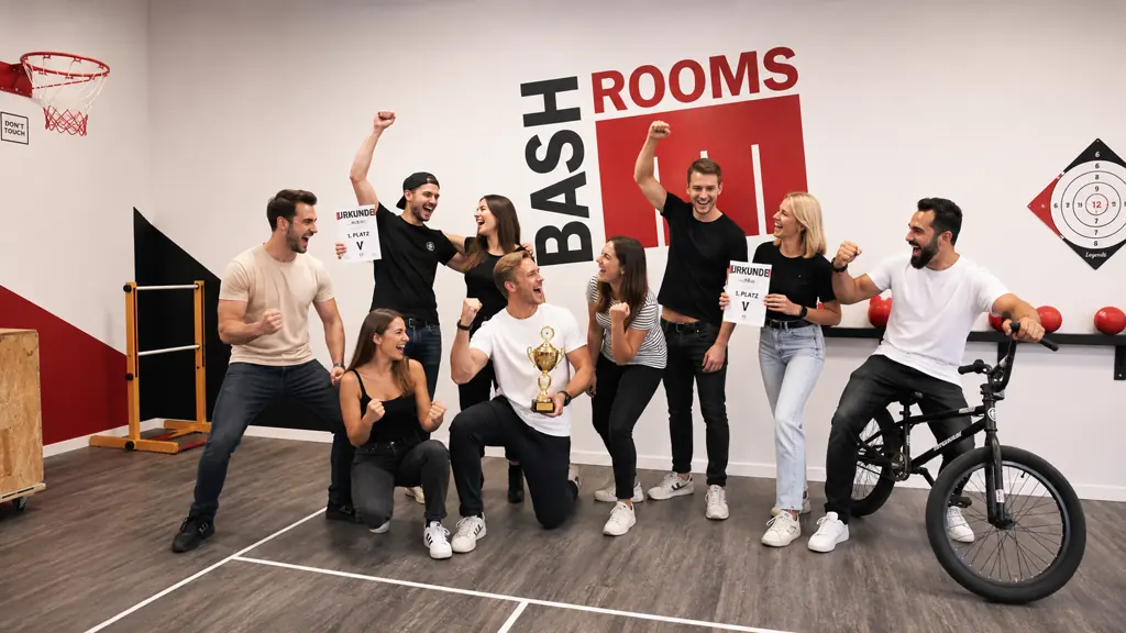Gruppe jubelt im Spielraum um einen Gästen mit Pokal, rechts ein BMX-Rad, links ein Basketballkorb