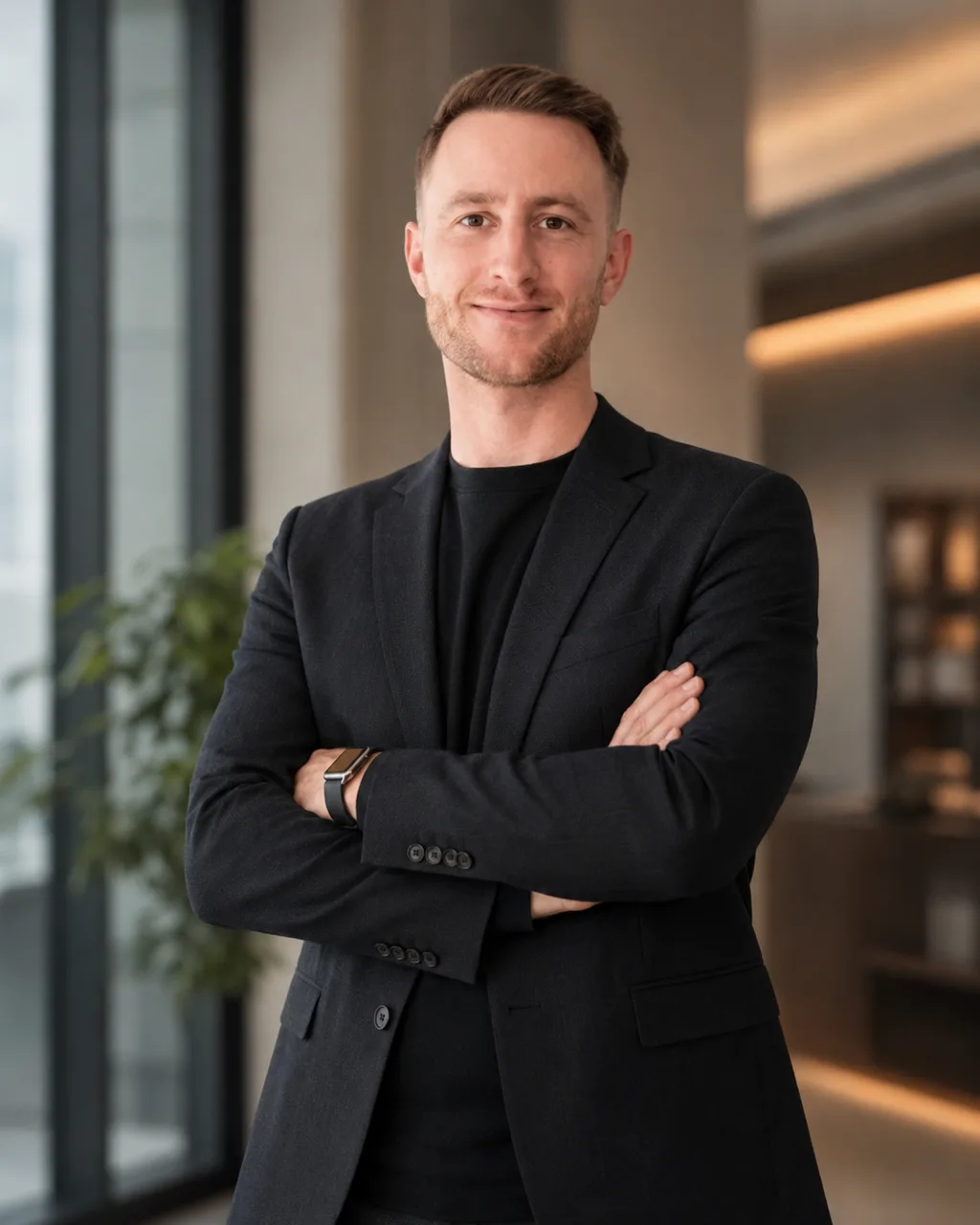 Lukas Diekamp im dunklen Sakko, mit verschränkten Armen